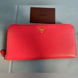 PRADA Zip Around Saffiano Leather Wallet in Peony